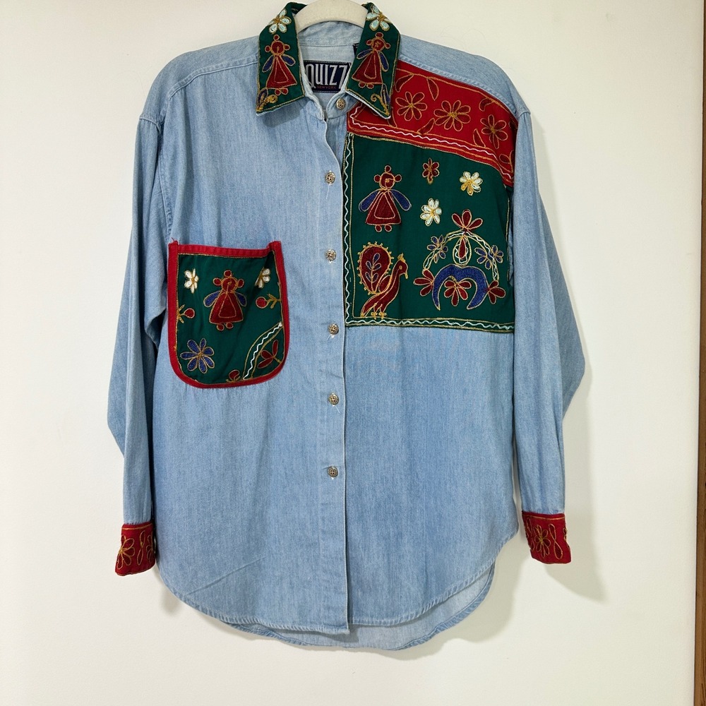 Quizz Vintage Denim Shirt Womens Medium Blue Folk Art Embroidered Cotton 90s Top
